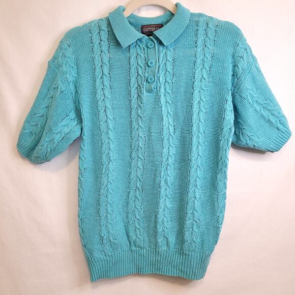 Vtg Yarnworks Teal Fold‑Over Collar Short‑Sleeve Linen/Cotton Sweater S Retro - Picture 1 of 8